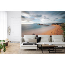 Eine Fototapete mit einer dynamischen Strandszene unter einem sich verändernden Himmel, ideal für ein Wohnzimmer.