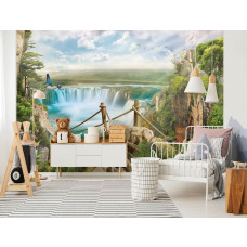 Eine Fototapete mit einem Dschungel und einer Seilbrücke über einen Wasserfall, geeignet für ein Babyzimmer.