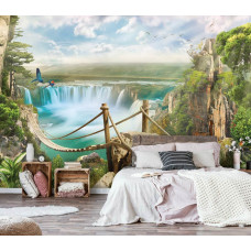 Eine Fototapete mit einer Seilbrücke über einen Wasserfall in einem verträumten Dschungel, ideal für ein Schlafzimmer.
