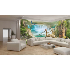 Eine Fototapete mit einem magischen Dschungel mit einer Seilbrücke und einem Wasserfall, ideal für ein XXL-Wohnzimmer.