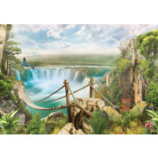 Seilbrücke über einen Wasserfall in einer märchenhaften Dschungellandschaft auf Fototapete.