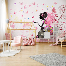 Eine Fototapete mit Zauberfee und Schmetterlingen in märchenhafter Umgebung, speziell fürs Kinderzimmer.