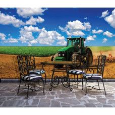Fototapete mit grünem Traktor in der Landschaft für die Küche.