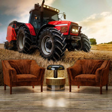 Ein Schlafzimmer mit einer Fototapete von einem Traktor auf dem Land