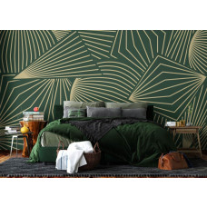 Eine Fototapete mit trendigen grafischen Mustern im Schlafzimmer, wo die Kombination aus satten Farben und raffinierten goldenen Details eine elegante und beruhigende Atmosphäre schafft.