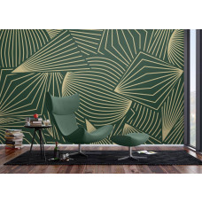 Eine Fototapete mit trendigen grafischen Mustern im Wohnzimmer, wo die subtilen goldenen Linien und abstrakten Formen ein stilvolles und zeitgenössisches Interieur unterstreichen.