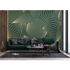 Eine Fototapete mit trendigen grafischen Mustern in einem modernen Wohnzimmer, wo die geometrischen Muster und glänzenden goldenen Akzente ein schickes und zeitloses Aussehen schaffen.