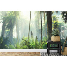 Eine exotische Fototapete mit einem Dschungel mit Palmen und tropischer Natur, ideal für ein Schlafzimmer.