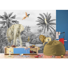 Ein Fototapete mit tropischem Tierparadies im Jungenzimmer, bei dem coole Dschungeltiere wie ein Löwe und ein Elefant eine abenteuerliche und coole Ausstrahlung verleihen.
