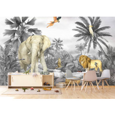 Ein Fototapete mit tropischem Tierparadies im Spielzimmer, bei dem der fröhliche Dschungel und exotische Tiere eine lebendige und verspielte Umgebung schaffen.
