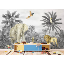 Ein Fototapete mit tropischem Tierparadies im Kinderzimmer, bei dem der elegante Papagei und Dschungeldetails eine magische und verträumte Atmosphäre schaffen.