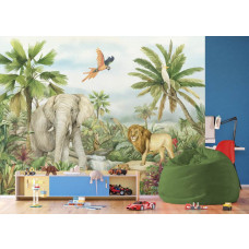 Ein Fototapete mit tropischem Tierparadies 2 im Jungenzimmer, bei dem der coole Löwe und der tropische Hintergrund eine abenteuerliche und energiegeladene Ausstrahlung erzeugen.