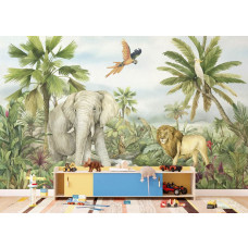 Ein Fototapete mit tropischem Tierparadies 2 im Kinderzimmer, bei dem exotische Dschungeltiere und leuchtende Farben eine verspielte und abenteuerliche Atmosphäre erzeugen.
