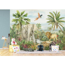 Ein Fototapete mit tropischem Tierparadies 2 im Mädchenzimmer, bei dem die leuchtenden Dschungelfarben und der exotische Papagei eine verspielte und fröhliche Atmosphäre schaffen.