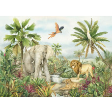 Ein Fototapete mit tropischem Tierparadies 2, bei dem ein heller Dschungelhintergrund mit einem Löwen, Elefanten und Papagei eine lebendige Ausstrahlung verleiht.