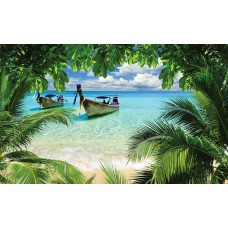 Tropische Insel mit Palmen, ein klares blaues Meer und Boote, die auf dem Wasser dümpeln, Fototapete, die ein Urlaubsgefühl hervorruft.