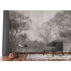 Fototapete mit einem tropischen Meer in grün-grauen Vintage-Tönen in einem ländlichen Wohnzimmer, schafft einen harmonischen und zeitlosen Look.