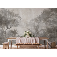 Ein stimmungsvolles Fototapete von einem tropischen Meer in grün-grauen Vintage-Tönen in der Küche, fügt eine warme und einladende Ausstrahlung hinzu.