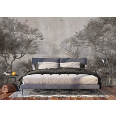 Fototapete von einem tropischen Meer in grün-grauen Vintage-Tönen in einem Schlafzimmer, sorgt für eine ruhige und verträumte Stimmung.