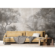 Ein stilvolles Fototapete von einem tropischen Meer in grün-grauen Vintage-Tönen in einem modernen Wohnzimmer, kombiniert Natur mit einem Hauch von Nostalgie.