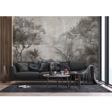 Fototapete von einem tropischen Meer in grün-grauen Vintage-Tönen im Wohnzimmer, fügt eine rustikale und natürliche Atmosphäre hinzu.