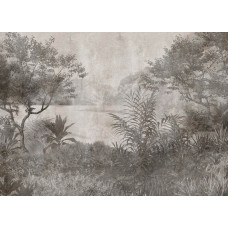 Fototapete mit einem tropischen Meer im Vintage-Stil, dominiert von grün-grauen Tönen, perfekt für eine rustikale und zeitlose Ausstrahlung.