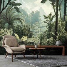 Fotobehang van een tropisch oerwoud met groene planten in een modern kantoor.