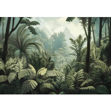 Fotobehang met dicht tropisch oerwoud vol grote bladeren, palmbomen en weelderige begroeiing.
