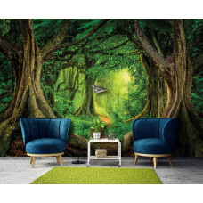 Fototapete mit einem magischen tropischen Regenwald im Babyzimmer.