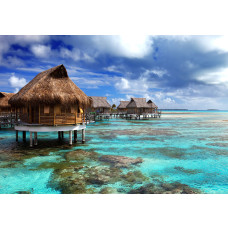 Fotobehang mit tropischem strandhuis in blauen Tönen und Wasser