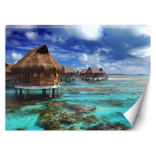 Fotobehang mit tropischem strandhuis in blauen Tönen und Wasser