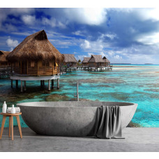 Fotobehang mit tropischem strandhuis in blauen Tönen und Wasser