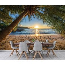 Fototapete von einer ruhigen tropischen Szenerie mit einer Palme, einem warmen Sonnenuntergang und dem stillen Meer, zu sehen in der Küche.