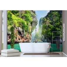 Fotobehang met tropische baaipalmen in groene tinten