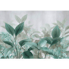 Fotobehang met tropische bladeren in groene tinten tegen een lichte achtergrond.