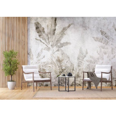 Fototapete mit einem kontrastreichen Bild von tropischen Blättern vor einem Betonhintergrund, perfekt für einen modernen und natürlichen Look.Fototapete mit tropischen Blättern in Beton in einem Geschäftsraum, verleiht ein modernes und inspirierendes Gefü