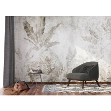 Inspirierende Fototapete mit tropischen Blättern in Beton in einem Büro, fördert die Kreativität mit einem urbanen und natürlichen Vibe.