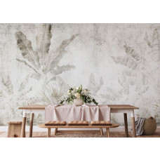 Eine elegante Fototapete mit tropischen Blättern in Beton in der Küche verleiht dem Raum einen modernen und frischen Touch. .