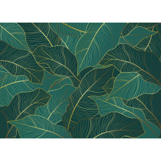 Ein Fototapete mit tropischen Blättern in Smaragdgrün und Gold.