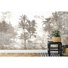 Eine Fototapete mit einem Dschungel voller tropischer Vegetation, abgebildet in einem Schlafzimmer.