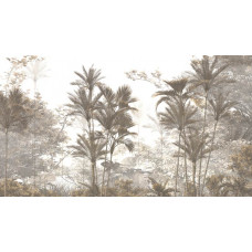 Fototapete mit tropischen Bäumen und Pflanzen in einem dichten Dschungel, mit einer heiteren Atmosphäre.