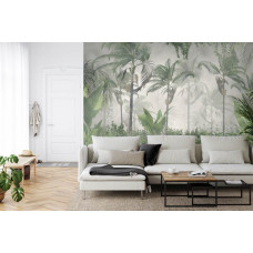 Eine Fototapete mit tropischen Pflanzen und Bäumen in einer natürlichen Umgebung, dargestellt in einem Wohnzimmer.