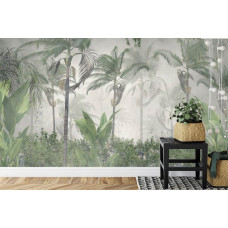 Eine Fototapete mit tropischen Bäumen und Pflanzen in einer üppigen Dschungellandschaft, dargestellt in einem Schlafzimmer.