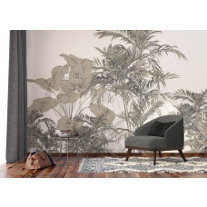 Fototapete von einer tropischen Komposition im Wohnzimmer, schafft eine fröhliche und exotische Atmosphäre voller Farbe und Leben.