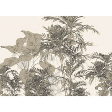 Fototapete mit einer lebendigen tropischen Komposition, voll exotischer Blätter, Blumen und warmer Töne, perfekt für eine energische und natürliche Ausstrahlung.