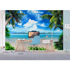 Eine Fototapete eines tropischen Traums mit Strand, Meer und Palmen in einem Büro mit Airtex.