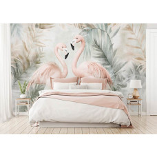 Fototapete mit eleganten Flamingos und üppigen Dschungelblättern, die zusammen einen frischen und exotischen Look im Schlafzimmer schaffen.