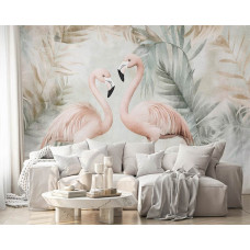 Fototapete in einem Wohnzimmer mit eleganten Flamingos und üppigen Dschungelblättern, die zusammen einen frischen und exotischen Look schaffen.