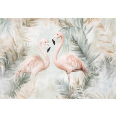 Fototapete mit eleganten Flamingos und üppigen Dschungelblättern, die zusammen einen frischen und exotischen Look schaffen.