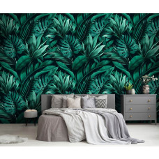 Eine Fototapete mit tropischen Dschungelblättern und einem botanischen Design, ideal für ein Schlafzimmer.